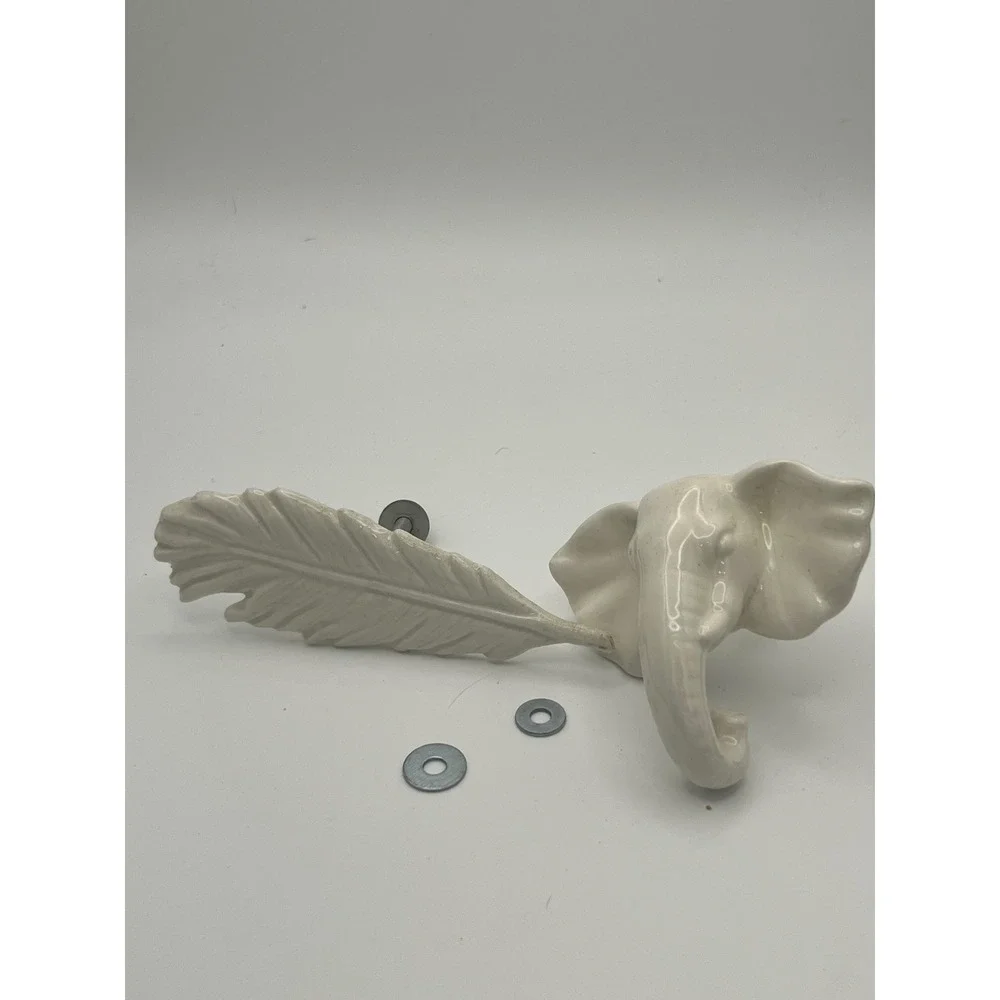 White Ceramic Elephant and Feather Drawer Pulls Set of 2 Cabinet Knobs Glossy